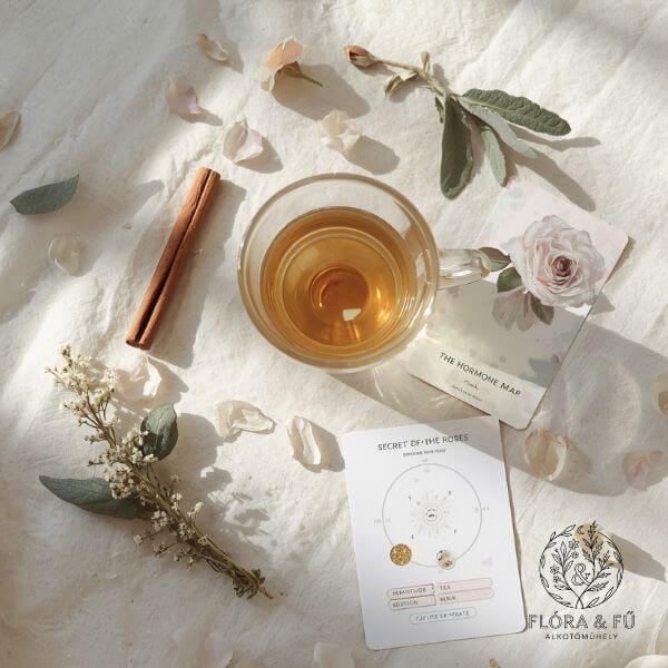 Exkluzív hormonális harmónia workshop kellékei: teáscsésze, gyógynövények, hormon-térkép és Secret of the Roses kártya egy elegáns elrendezésben.